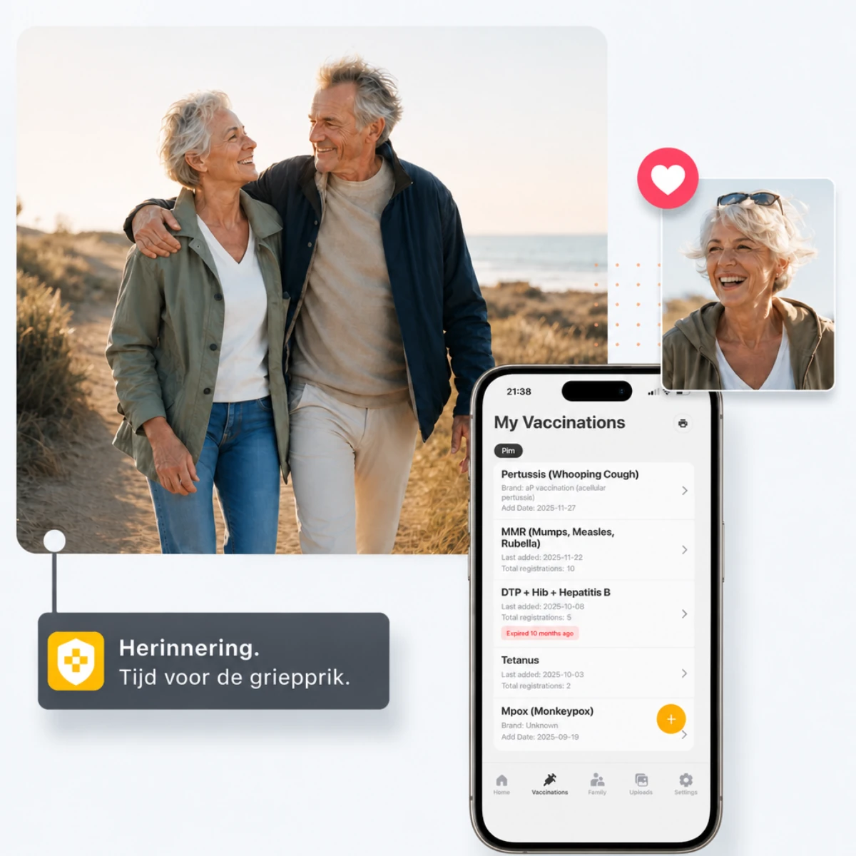 Gezond ouder stel op een duinpad, met de Vaxy-app en een herinnering voor de griepprik